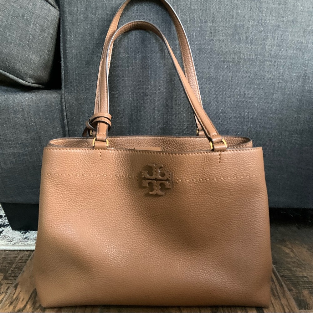 Tory Burch Camel Tan McGraw Pebble Leather Triple Compartment Tote
